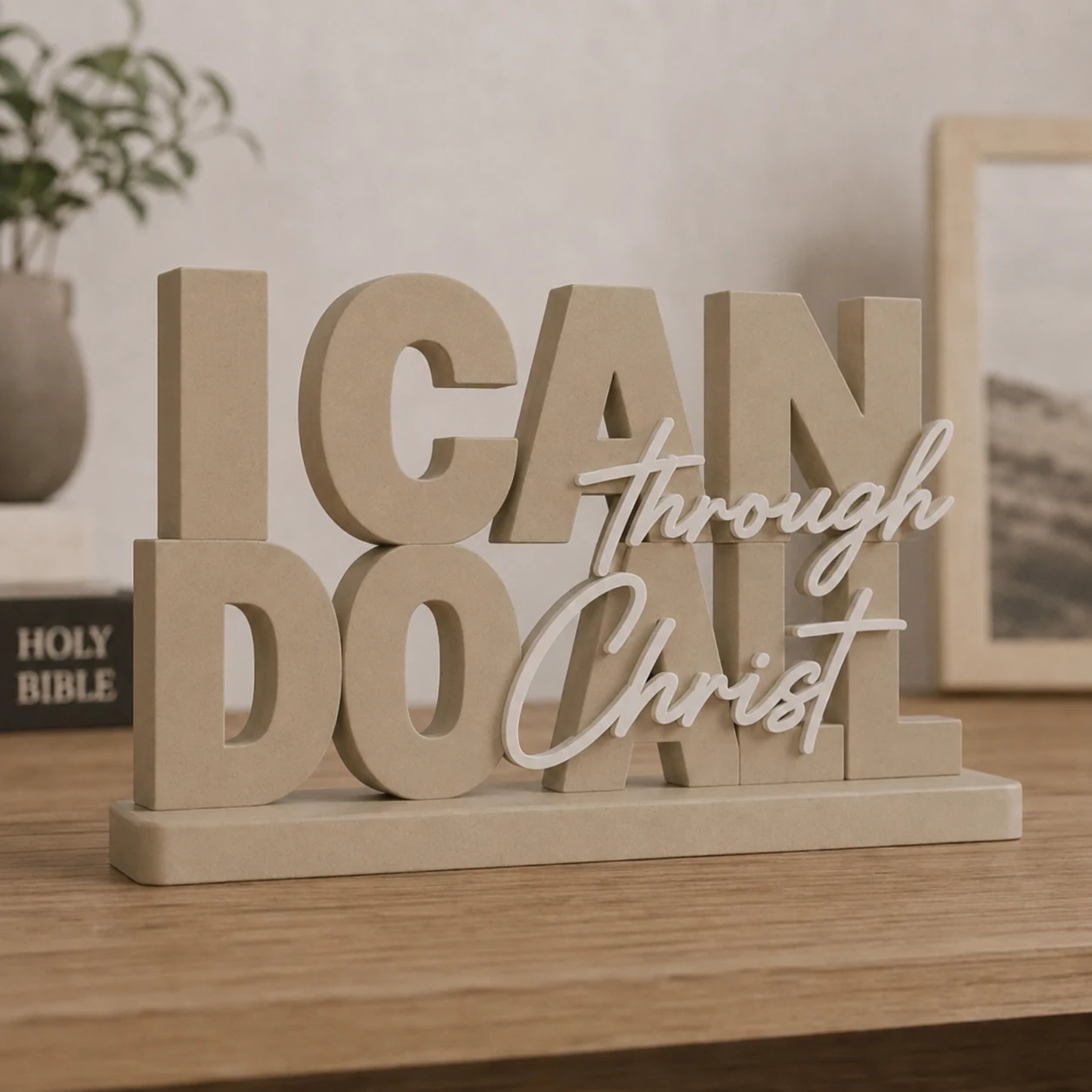 'I can do all things through Christ' decorative piece 3D-printed on a wooden table