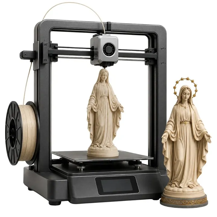 3D printer printing a religious image next to finished pieces